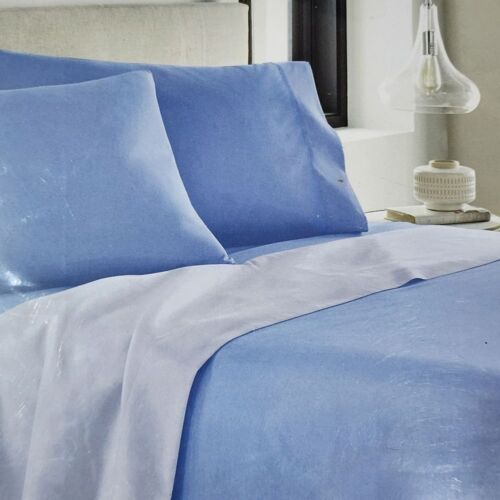 King Size 500 Thread Count Cotton Reversible Blue Sheet Set 4pc Two Looks in One - Picture 7 of 14