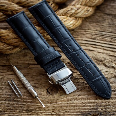 Crocodile Grain Leather Watch Strap with Deployment Clasp Black