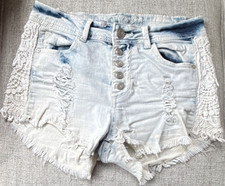 rue21 Cut Off Denim Shorts Light Blue Distressed Lace Trim Stretch Size 5