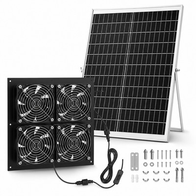 25W Solar Powered Exhaust Fan Kit Solar Panel 4 Fans Greenhouse Chicken Coop