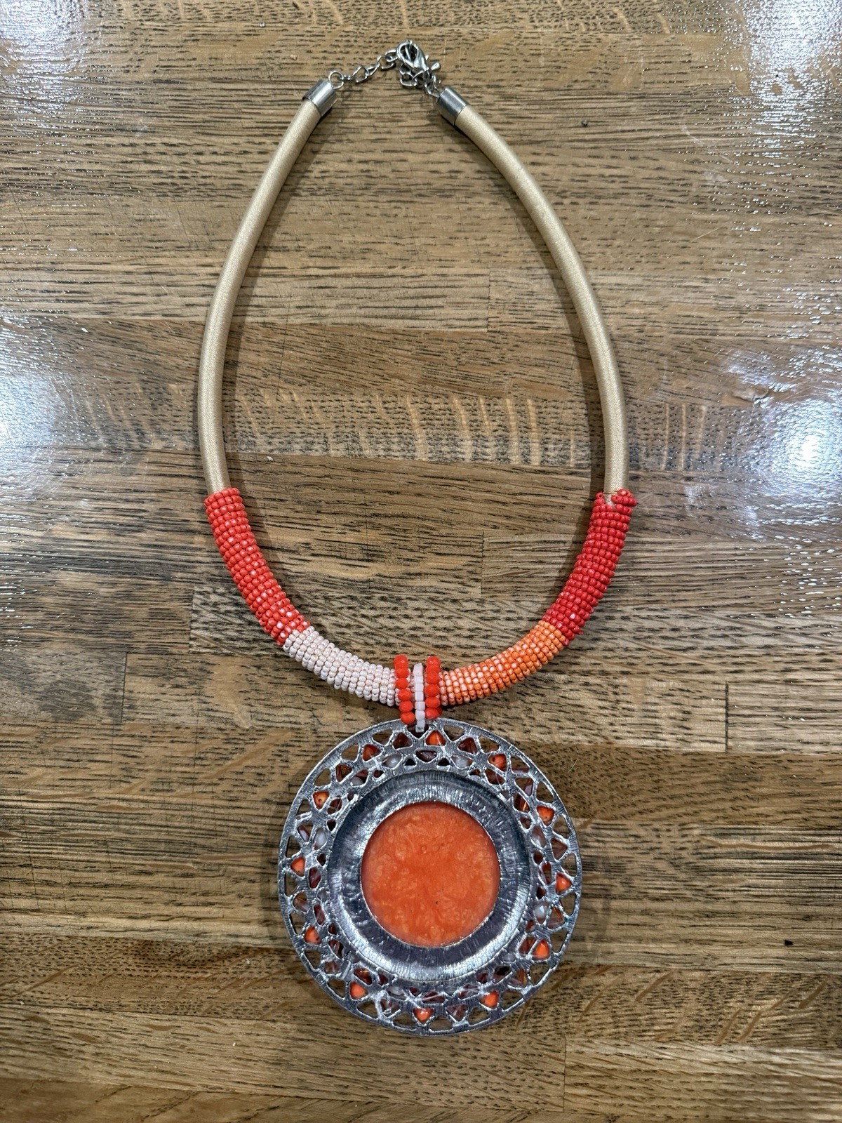 Boho Beaded Statement Necklace Orange Pendant Wra… - image 2