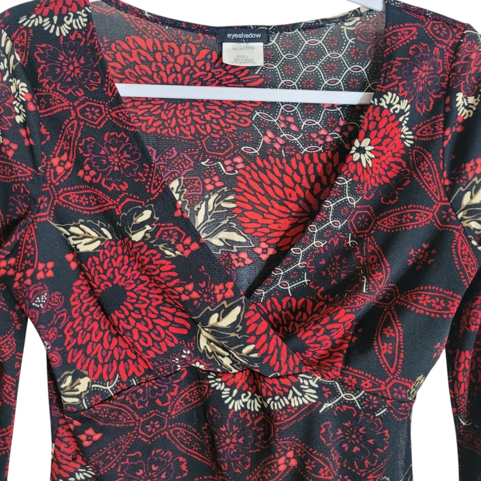 Blusa transparente Babydoll sombra de ojos Y2K para mujer talla grande negra roja floral hippie Foto 3 de 4