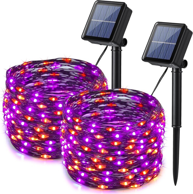 Orange Purple Halloween Solar Lights, 2 Pack Total 66Ft 200 LED