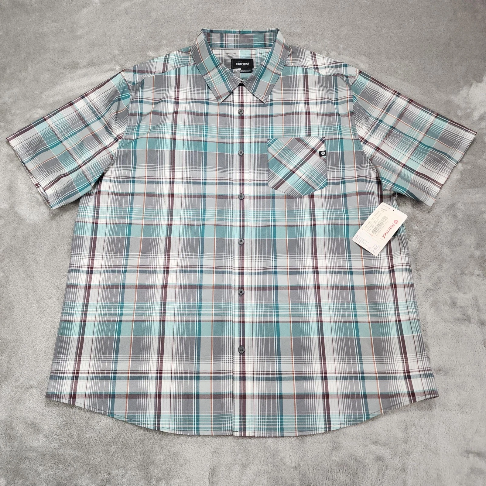 Marmot Echo SS Shirt Mens XXL Gray Teal Plaid UPF 50 Performance Hiking