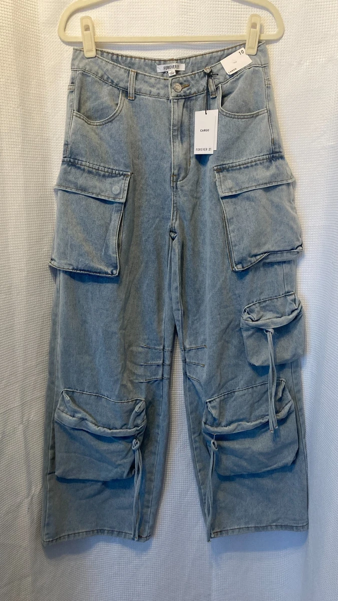Pantalones de mezclilla Forever 21 cargo para mujer 10 piernas anchas multi bolsillo lavado claro nuevos con etiquetas