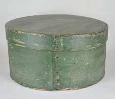 ANTIQUE NEW ENGLAND ROUND PANTRY BOX - OVERLAPPING BENTWOOD SIDES - GREEN PAINT