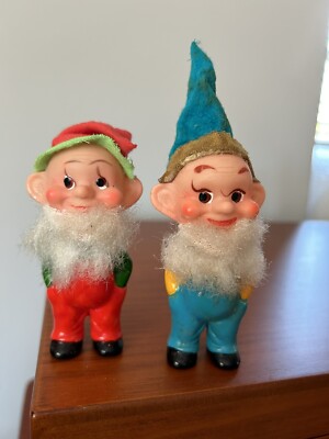 2 Vintage Christmas Elves Pixie Dolls Japan Plastic Ornaments 1950 s