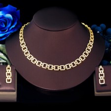 Gold Plated Chain Necklace Earrings Cubic Zirconia Women Bride Party Jewelry Set