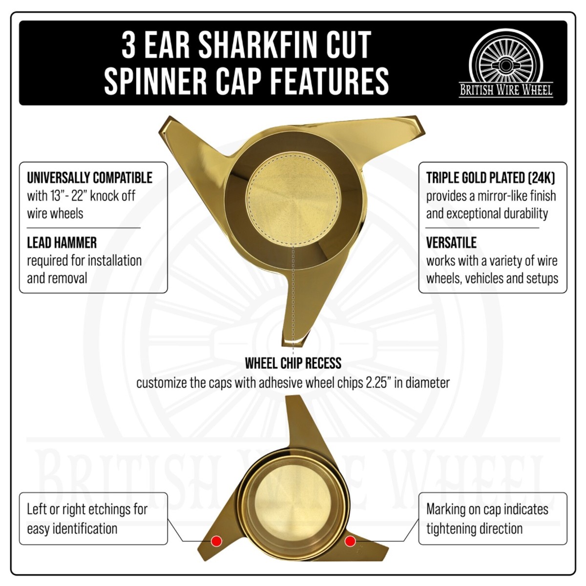 3 Bar/Ear Cut Swept Gold Knock Off Spinner Caps for Lowriders