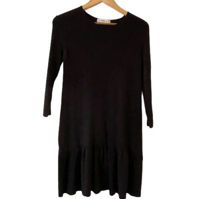 Zara Size M Drop Waist Mini Sweater Knit Shift Dress Crew Neck 3/4 Sleeve  Black | eBay