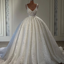 Haute Couture Lace Wedding Dress Sparkly Crystal V Neck Short Sleeve Bridal Ball