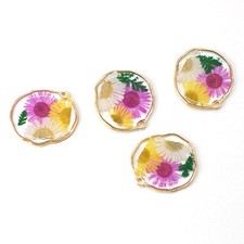 4PCS Gold Tone Dry Pressed Flower Resin Irregular Round Charm Pendant GYX2201
