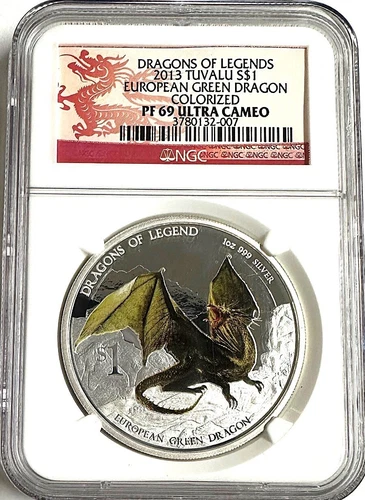 2013 Tuvalu $1 1oz Silver Dragons of Legend European Green Dragon Color NGC PF69