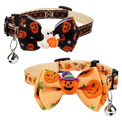 2pcs Halloween Cat Collar, Adjustable Cat Collar with Bow Printed Pumpkin 