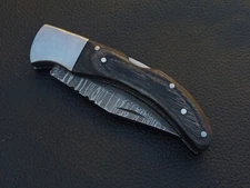DAMASCUS STEEL CUSTOM MADE POCKET FOLDING KNIFE WOOD HANDLE W/SHEATH M423