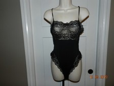 Vintage Victoria's Secret lace Black Silky Nylon Bodysuit Sz M USA