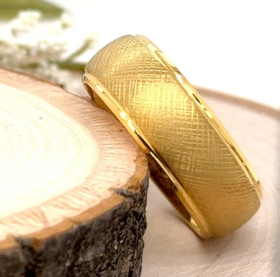 Stylish 8mm Yellow Gold Tungsten Band Fingerprint Texture Design   Engraved Ring