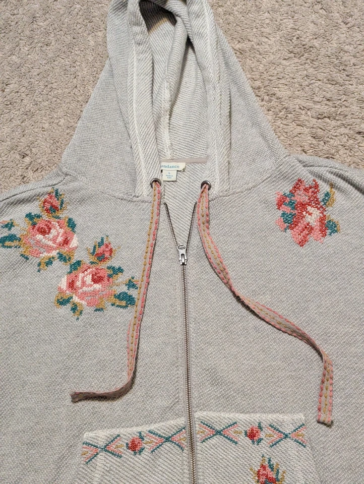 Sudadera con Capucha Sundance Cremallera Completa Talla L Floral Bordada Tejido Waffle Boho Foto 2 de 4
