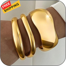 3Pcs Chunky Gold Bangles Bracelets for Women, Spring Hinged Big Stackable...