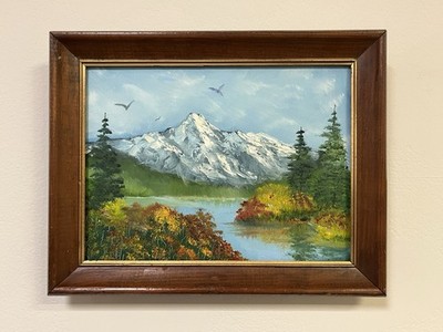 Gorgeous Vintage ORIGINAL Mountain Lake Forest SIGNED Landscape FRAMED Blue/Gold