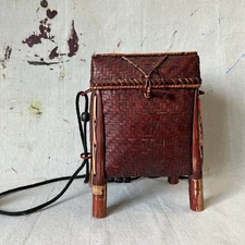 Vintage Bamboo Rattan Rice Basket w/ Ball Bead Cord