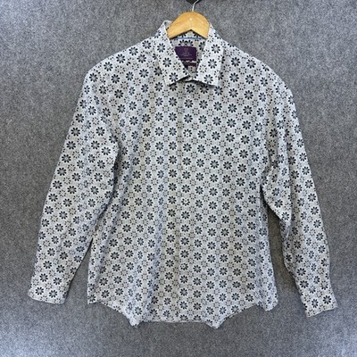 Hawes & Curtis London Herren XL Mayfair Slim Fit Hemd Blau Floral Geometrisch