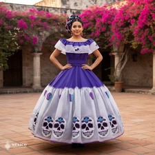 Conjunto de Vestido Mexicano Púrpura - Traje Día de Muertos La Catrina