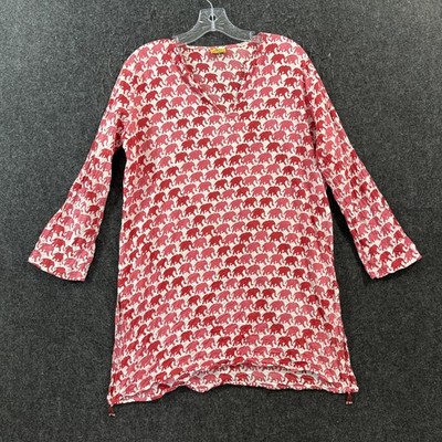 Roberta Roller Rabbit Blouse Women's Medium Red Elephant Print Tunic Top Alabama