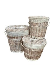 CESTONI BIANCHERIA SET 3 CESTI CONTENITORI OVALI IN VIMINI FODERATI CON COPERCHI