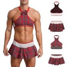 Men's Sissy JK School-girl Crossdressing Plaid Lingerie Set Crop Top and Skirt