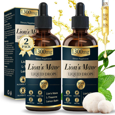 2 Pack*90Ml Lions Mane Liquid Drops Organic Mushrooms Supplement with L-Theanine