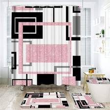 Pink Abstract Geometric Modern Waterproof Shower Curtain Rugs Hooks Set 4 PCS