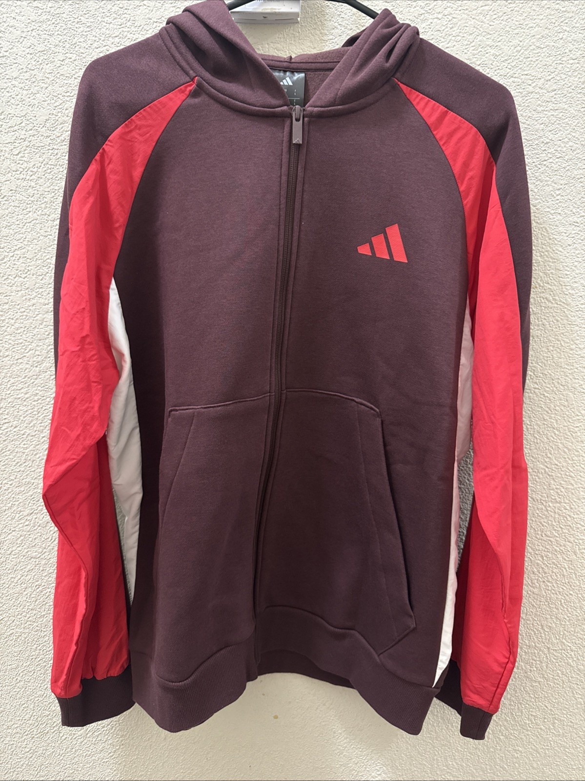 Adidas Men’s Full Zip Hoodie Size L Burgundy Red Colorblock Logo Sweatshirt