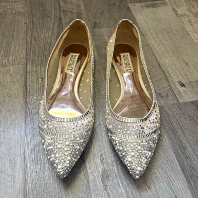Badgley Mischka Women's Pointed Toe Mesh Ballet Flats Rhinestone Pearl 6.5