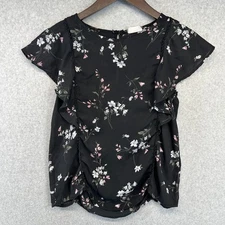 Sienna Sky Blouse Womens Size Small Black Multi Floral Short Sleeve Ruffle Sheer