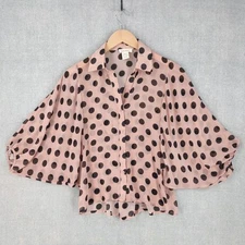 Sans Souci Top XS Pink Black Polka Dot Chiffon Batwing Button Back Pleated Sheer