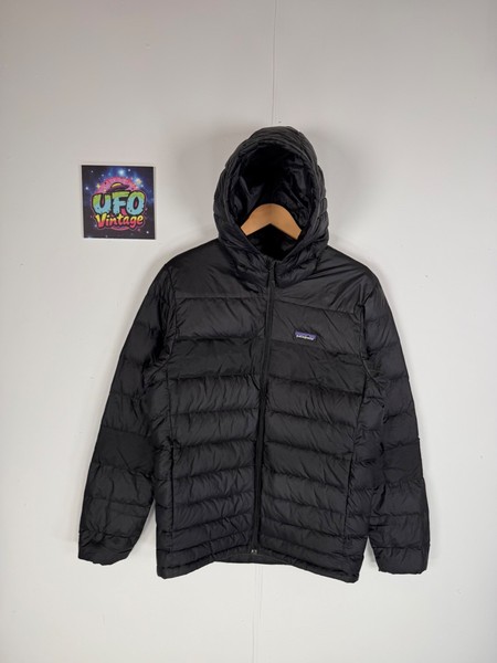 Patagonia Down Puffer Jacket Mens S Black Recycled Polyester Hooded Zip Up