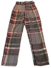 Vtg 70s Belted Plaid Crop Pants Womens Sz S Black Red Straight Leg Retro Preppy