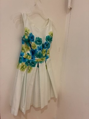 White dress with blue and green floral pattern Max & Cleo size 2