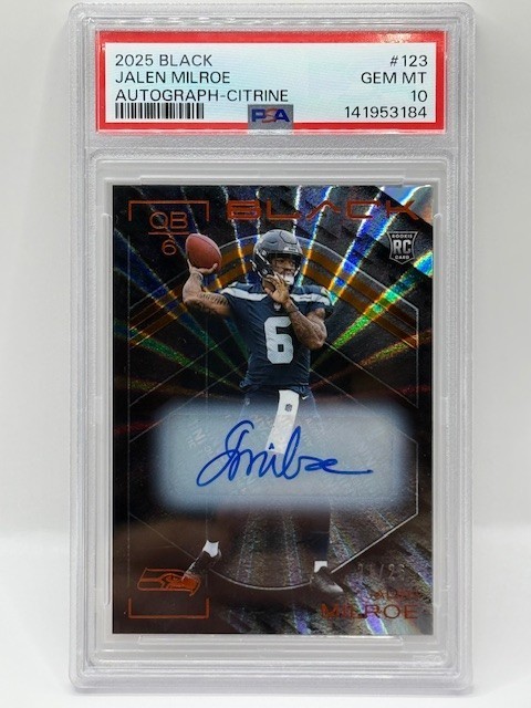 🔥 POP 1 Jalen Milroe Rookie Auto /25 Citrine RC PSA 10 Seahawks SSP 2025 Black