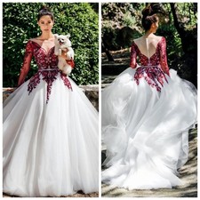 Princess White Wedding Dresses Burgundy Lace Long Sleeves Garden Bridal Gowns