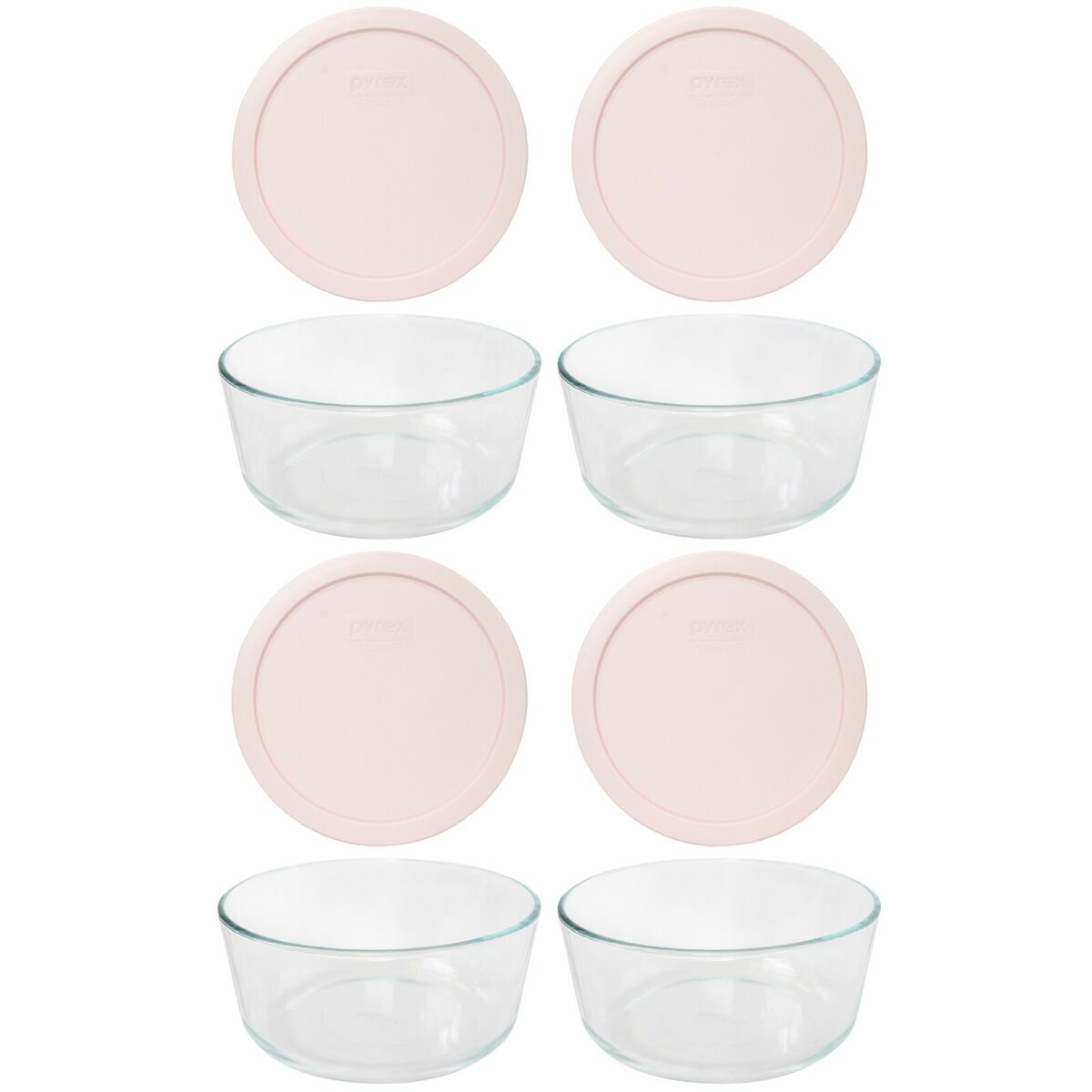 Pyrex (4) 7210 3-Cup Glass Food Storage Dishes and (4) 7210-PC Loring Pink  Plastic Lids 