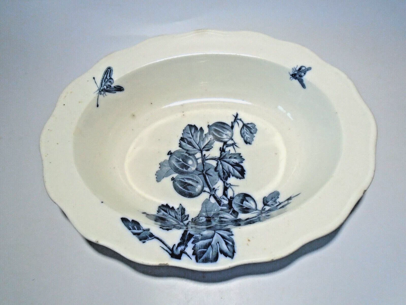 Antique Brown Westhead Moore Blue Large Rimmed Pie Dish Bowl, Gooseberry Bush