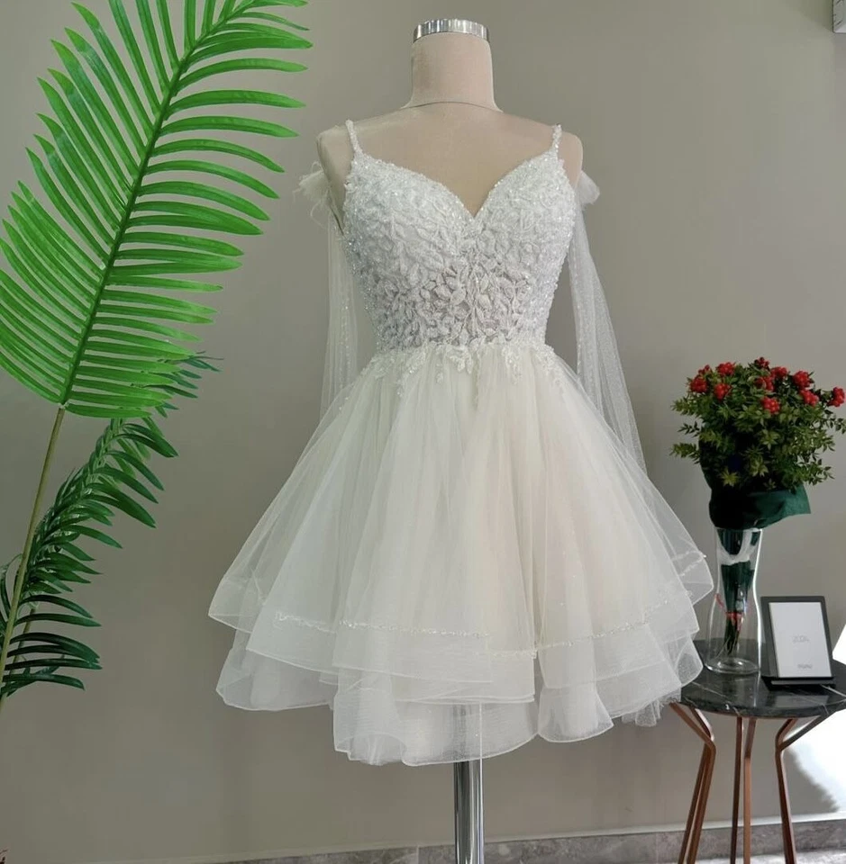 Mini Wedding Dresses Beading Spaghetti Straps Lace Beach Short Bridal Gowns - Image 2 of 4