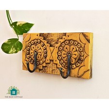 Carved Wooden Vintage Yellow Double Hook Wall Hanger
