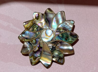 #ad Vintage Brass JNS Taxco Mexico Sterling Silver Abalone Flower Brooch Pin Pendant $19.00