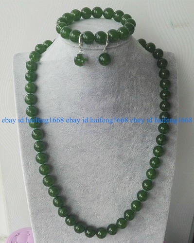 Natürliche 8mm dunkelgrüne Jade Rund Edelstein Perlen Halskette Armband Ohrringe - Bild 2 von 12