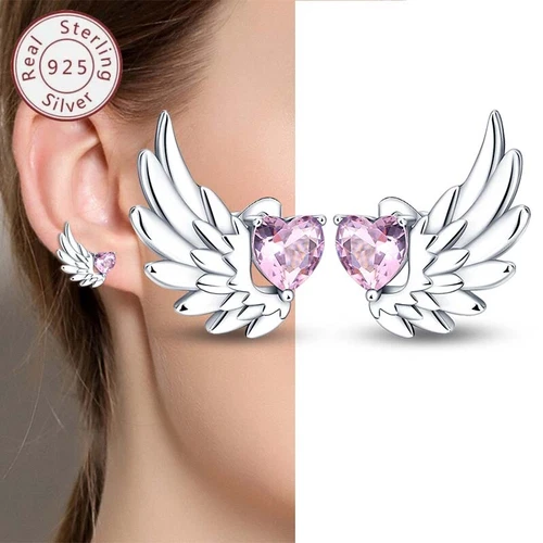 KUNSIR 925 Sterling Silver Angel Wing Stud Earrings With Pink Heart CZ Jewelry