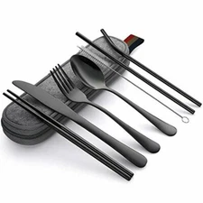 Portable Utensils Travel Camping Cutlery Set 8 PC Knife Fork Spoon BLACK -USA