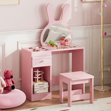 Kids Dressing Table for Desk with Stool Bunny Ears Mirror 1 Drawer 6 Shelves
